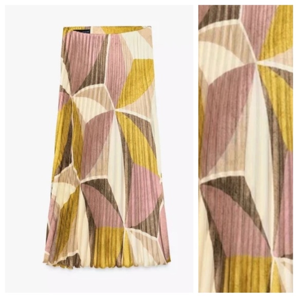 NWOT. Zara Multicolored Geometric Print Pleated Midi Skirt. Size XS. - Picture 2 of 9